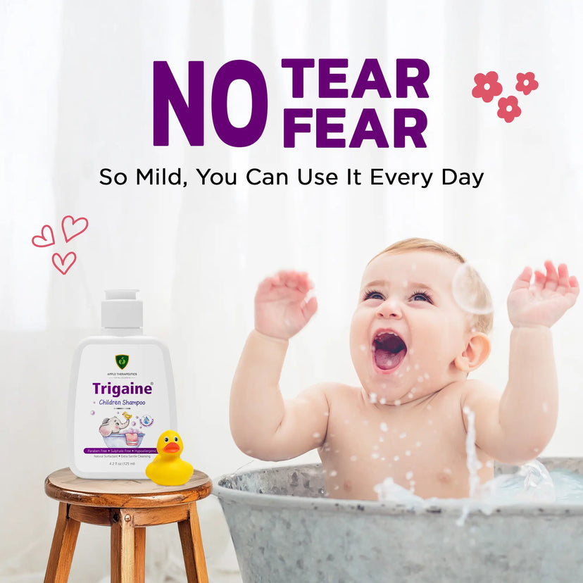 Baby in a bath with Trigaine Children Shampoo and No Tear Fear