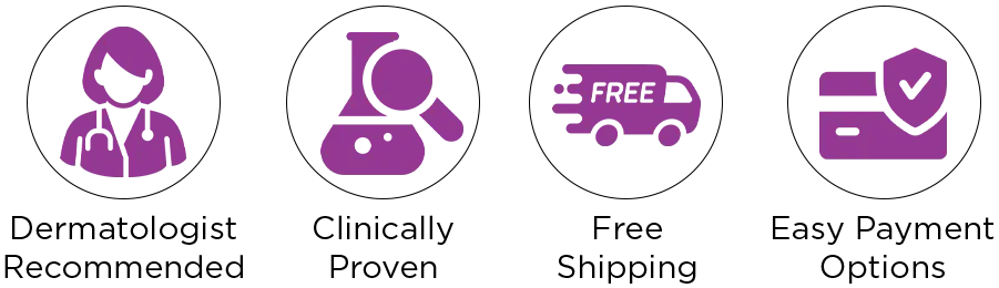 Set of icons with dermatologist recommendations, clinically proven, free shipping, and easy payment options.
