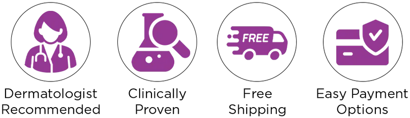 Set of icons with dermatologist recommendations, clinically proven, free shipping, and easy payment options.