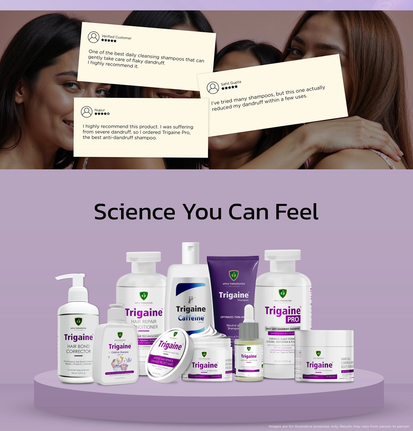 Trigaine hair care product with customer testimonials