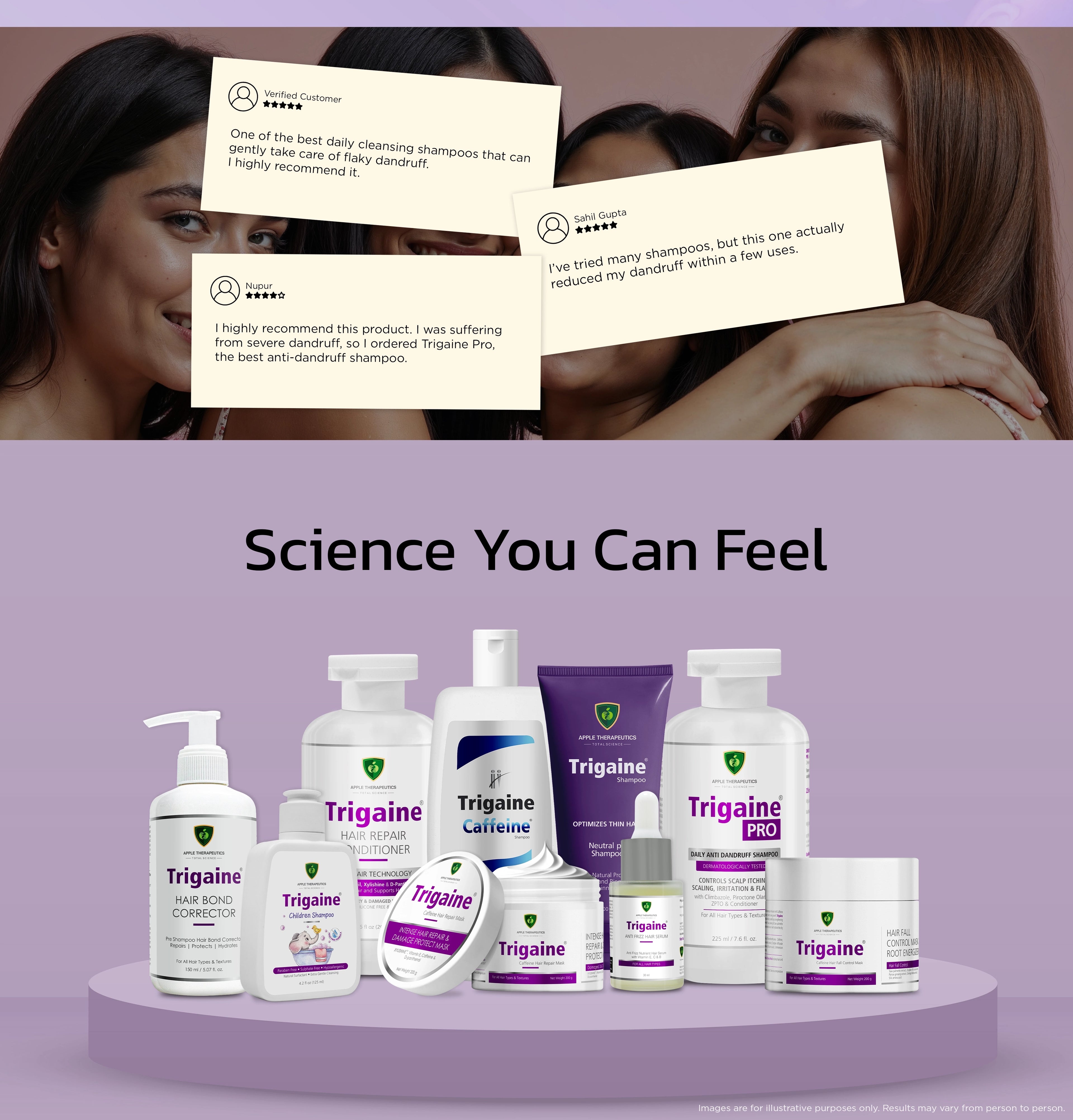 Trigaine hair care product with customer testimonials