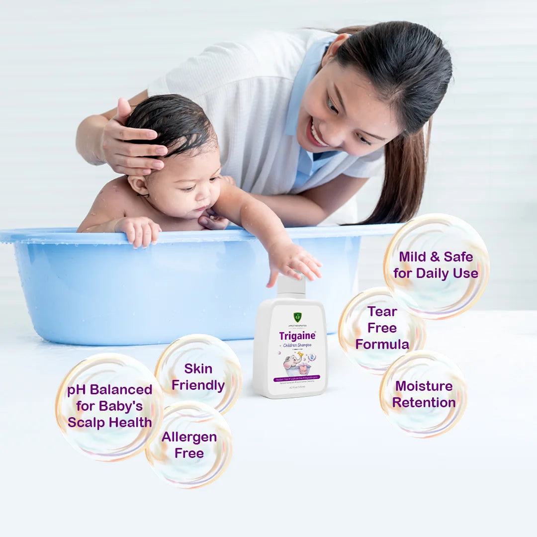 Woman bathing her baby with Trigaine baby shampoo, surrounded by baby shampoo features.